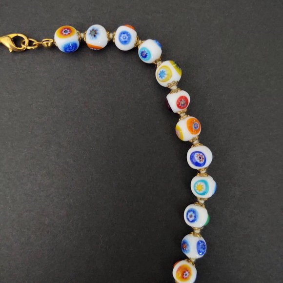 White glass beaded necklace w/multi color designs - Picture 11 of 15